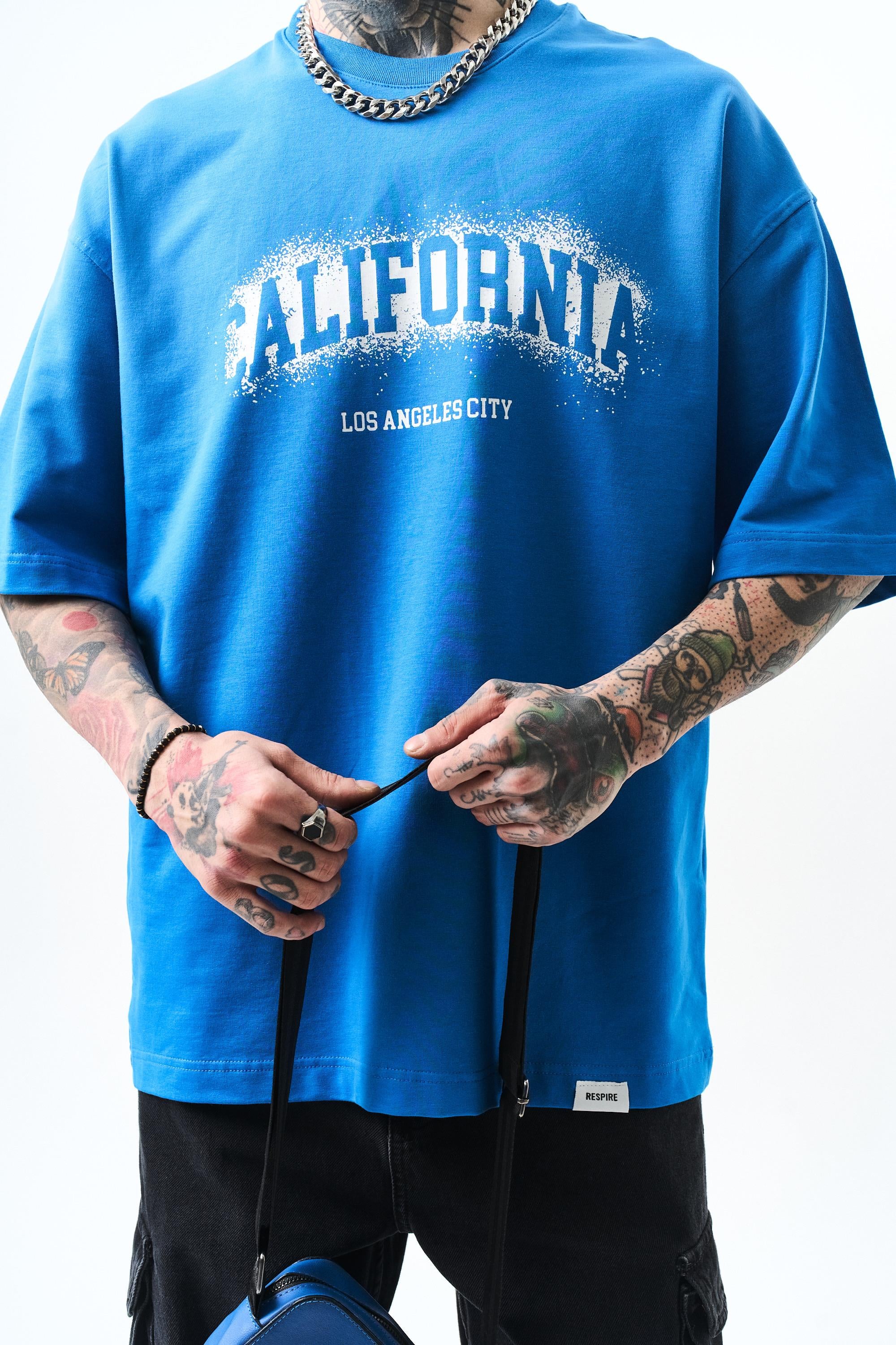 Erkek California Baskılı Oversize T-Shirt Mavi