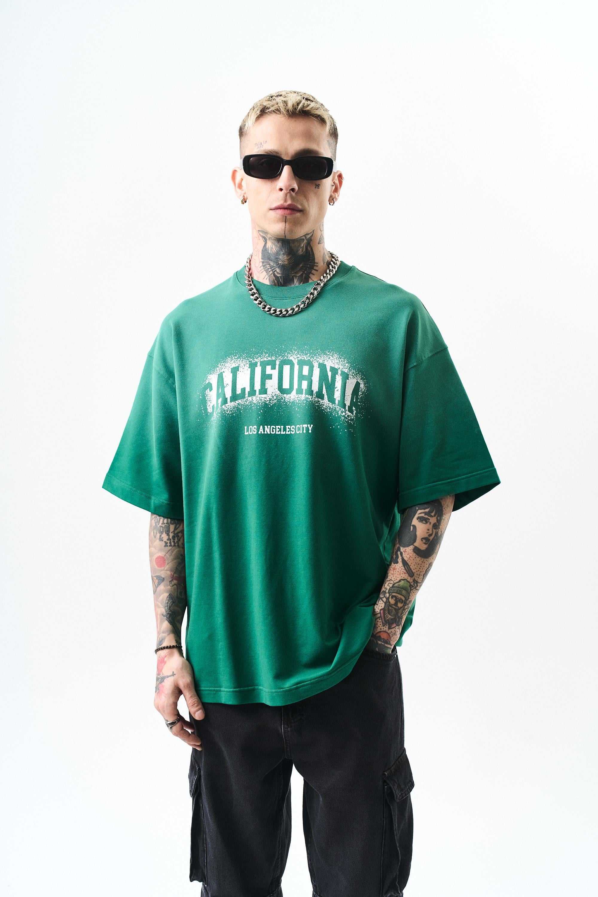 Erkek California Baskılı Oversize T-Shirt Nefti