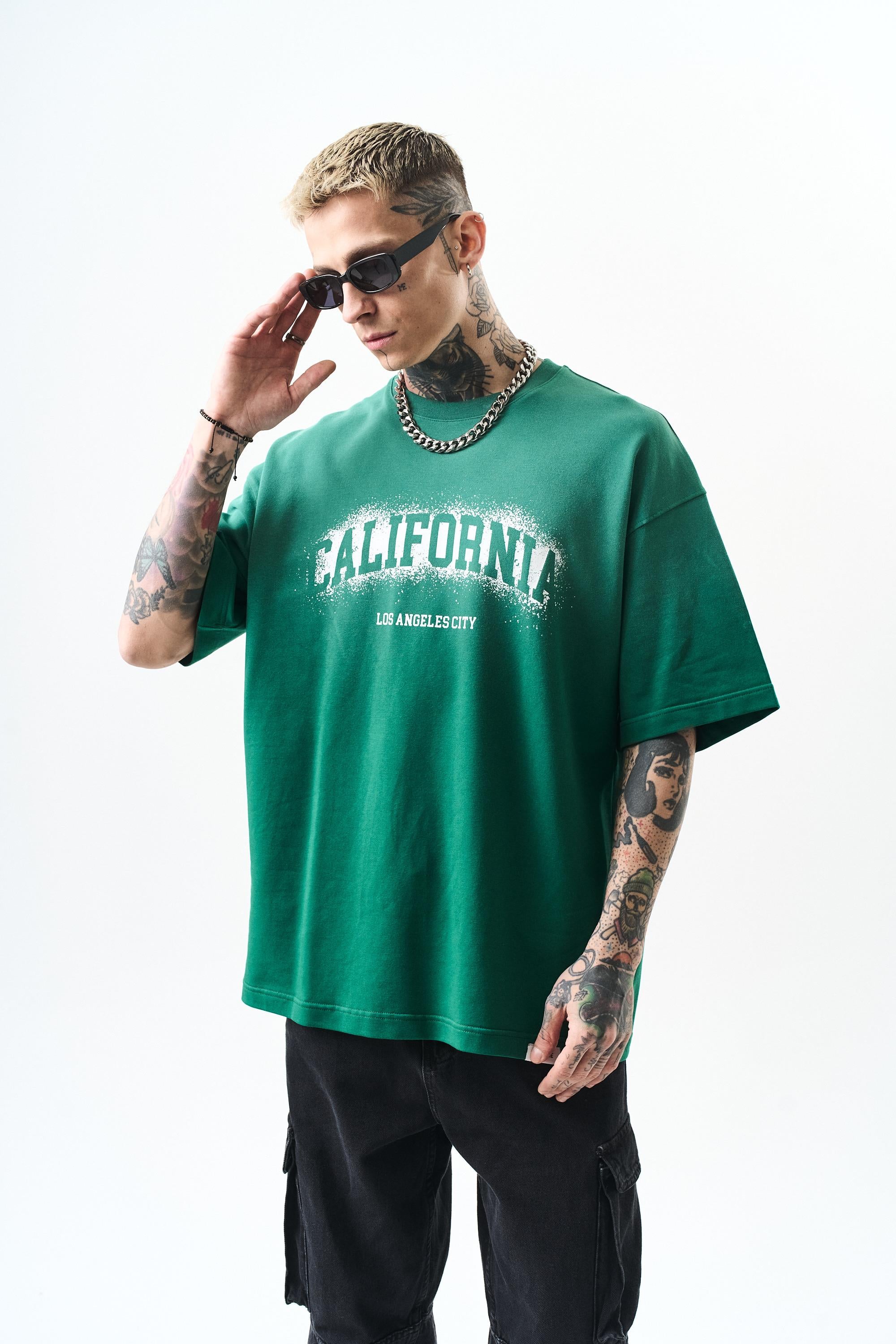 Erkek California Baskılı Oversize T-Shirt Nefti