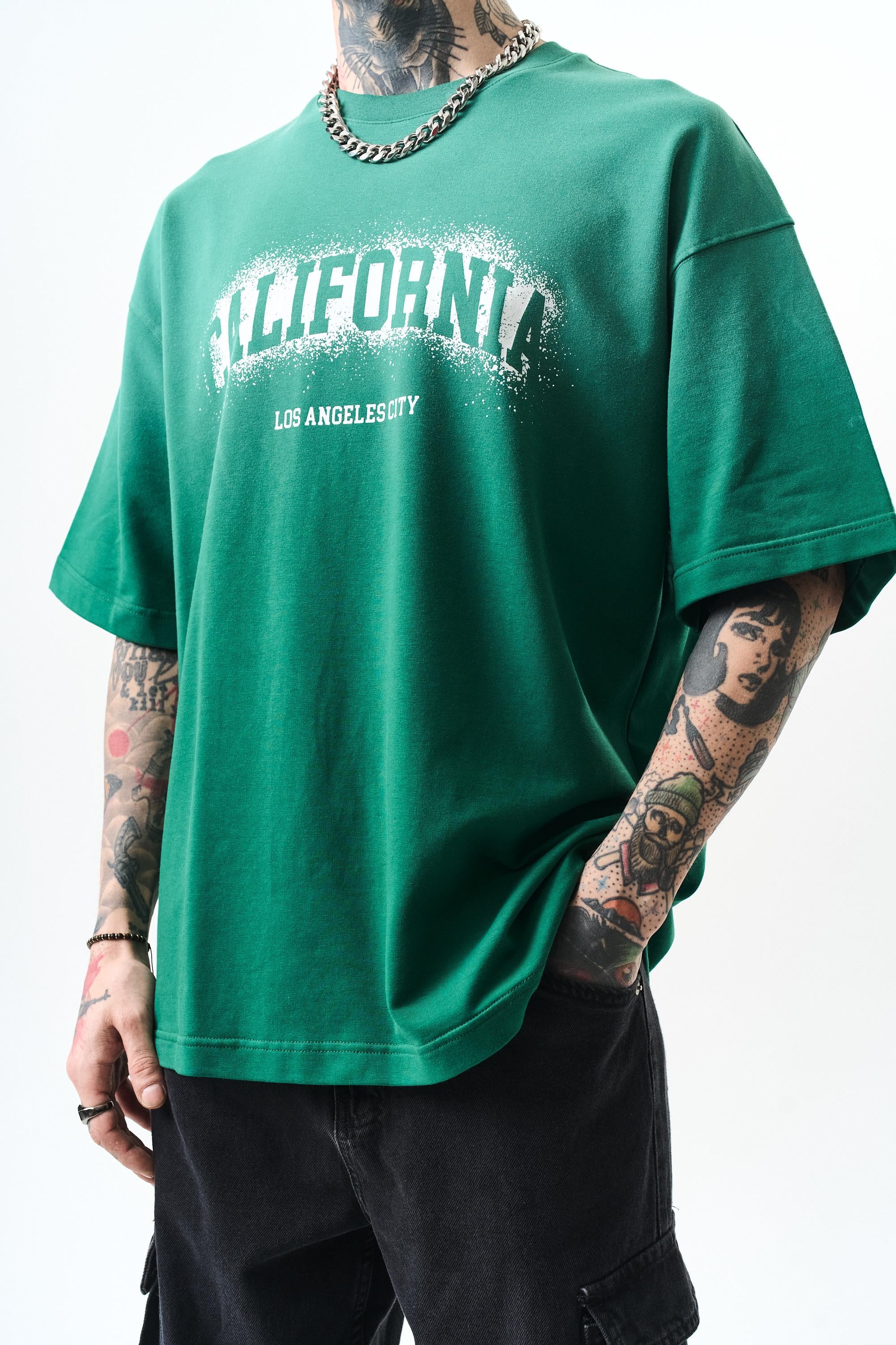 Erkek California Baskılı Oversize T-Shirt Nefti
