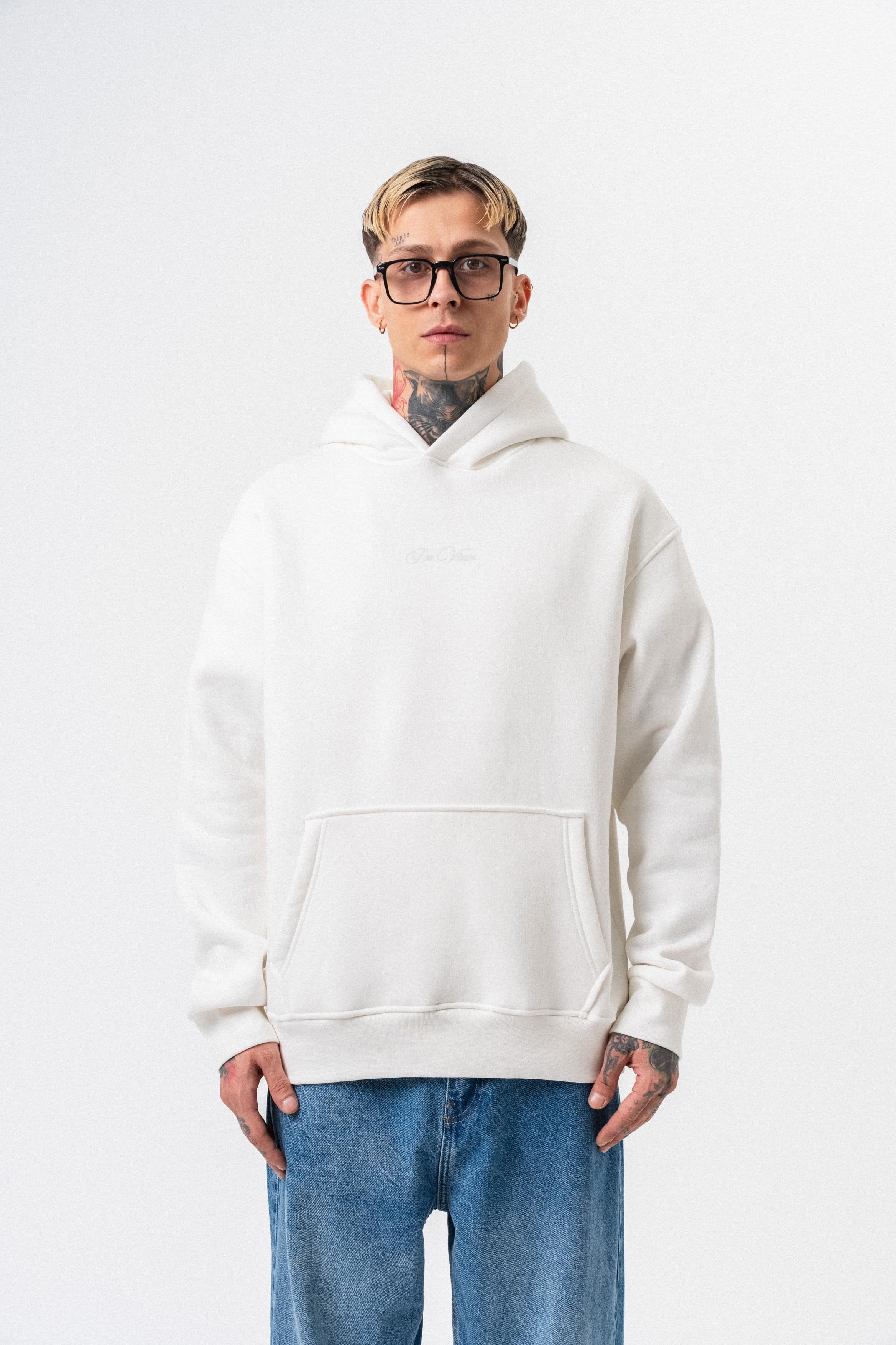 Erkek Da Vinci Baskılı Kapüşonlu Oversize Hoodie Ekru - 0