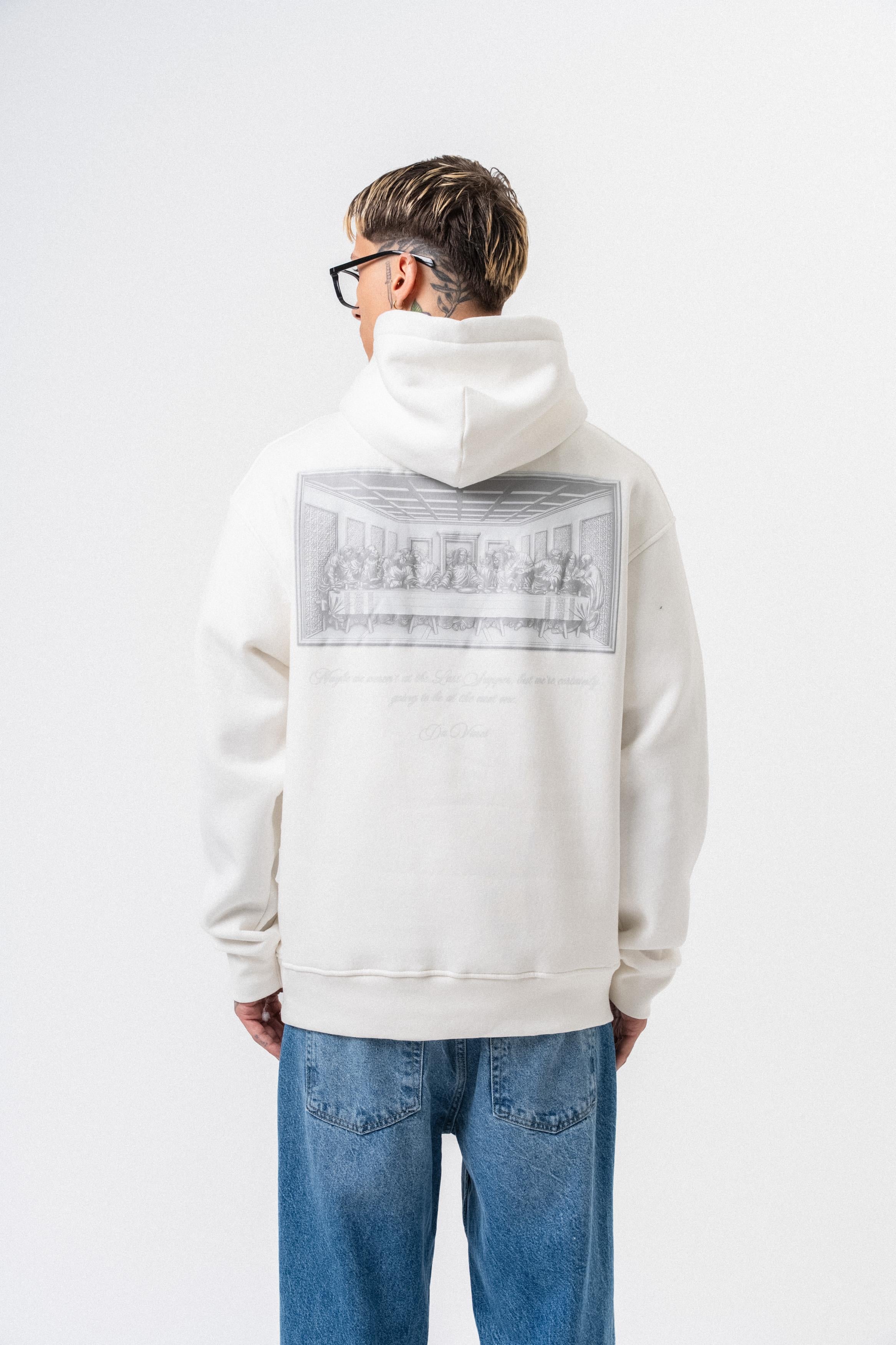Erkek Da Vinci Baskılı Kapüşonlu Oversize Hoodie Ekru - 1