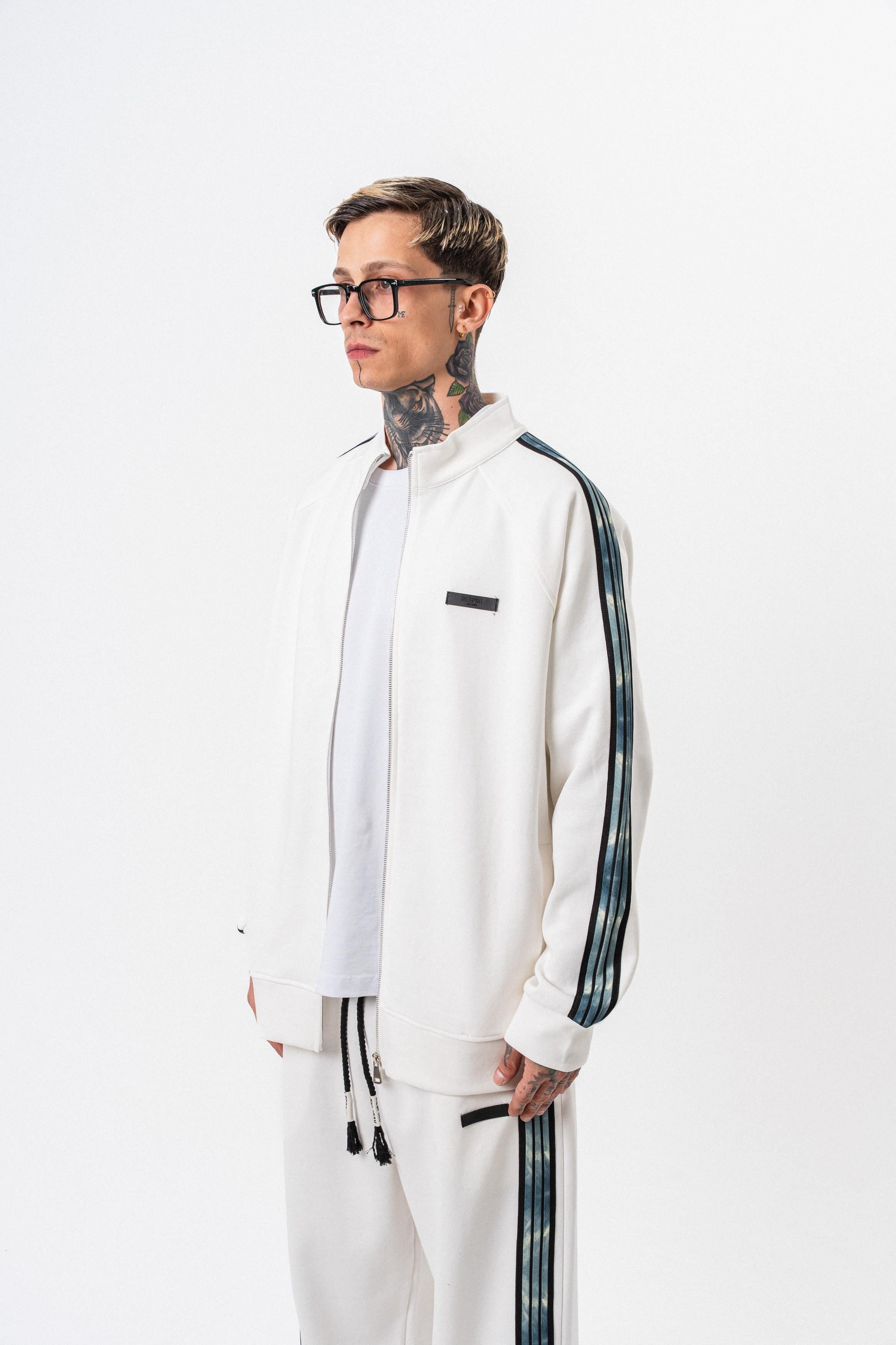 Erkek Dark Striped Şerit Detaylı Dik Yaka Doubleface Zip Oversize Sweatshirt Ekru