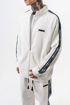 Erkek Dark Striped Şerit Detaylı Dik Yaka Doubleface Zip Oversize Sweatshirt Ekru