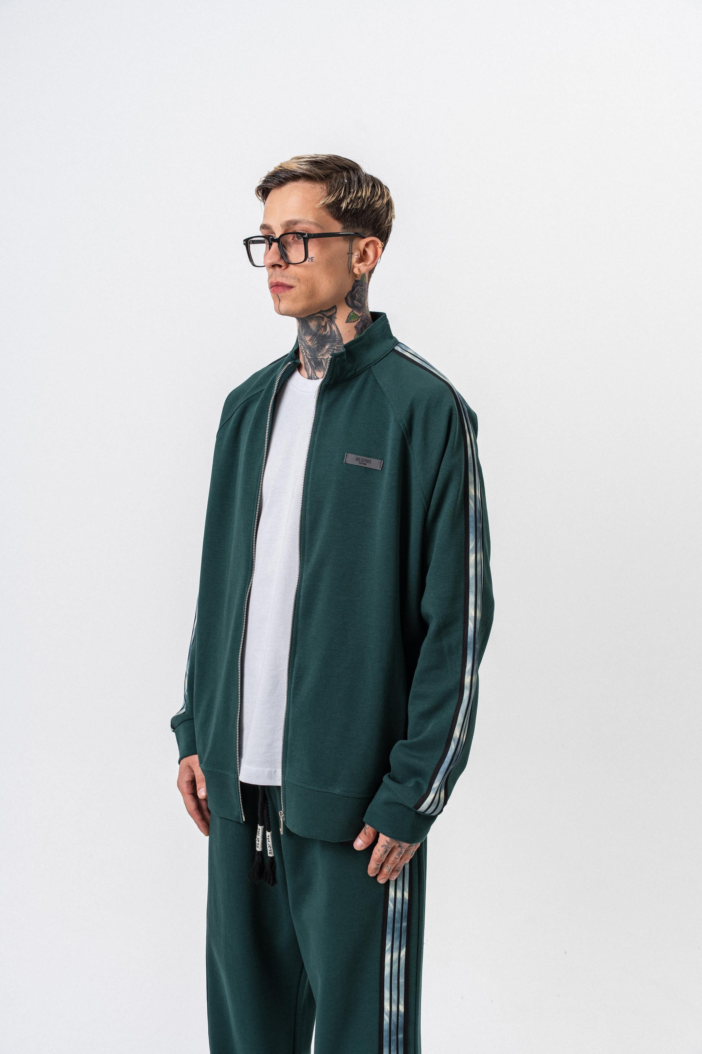 Erkek Dark Striped Şerit Detaylı Dik Yaka Doubleface Zip Oversize Sweatshirt Nefti