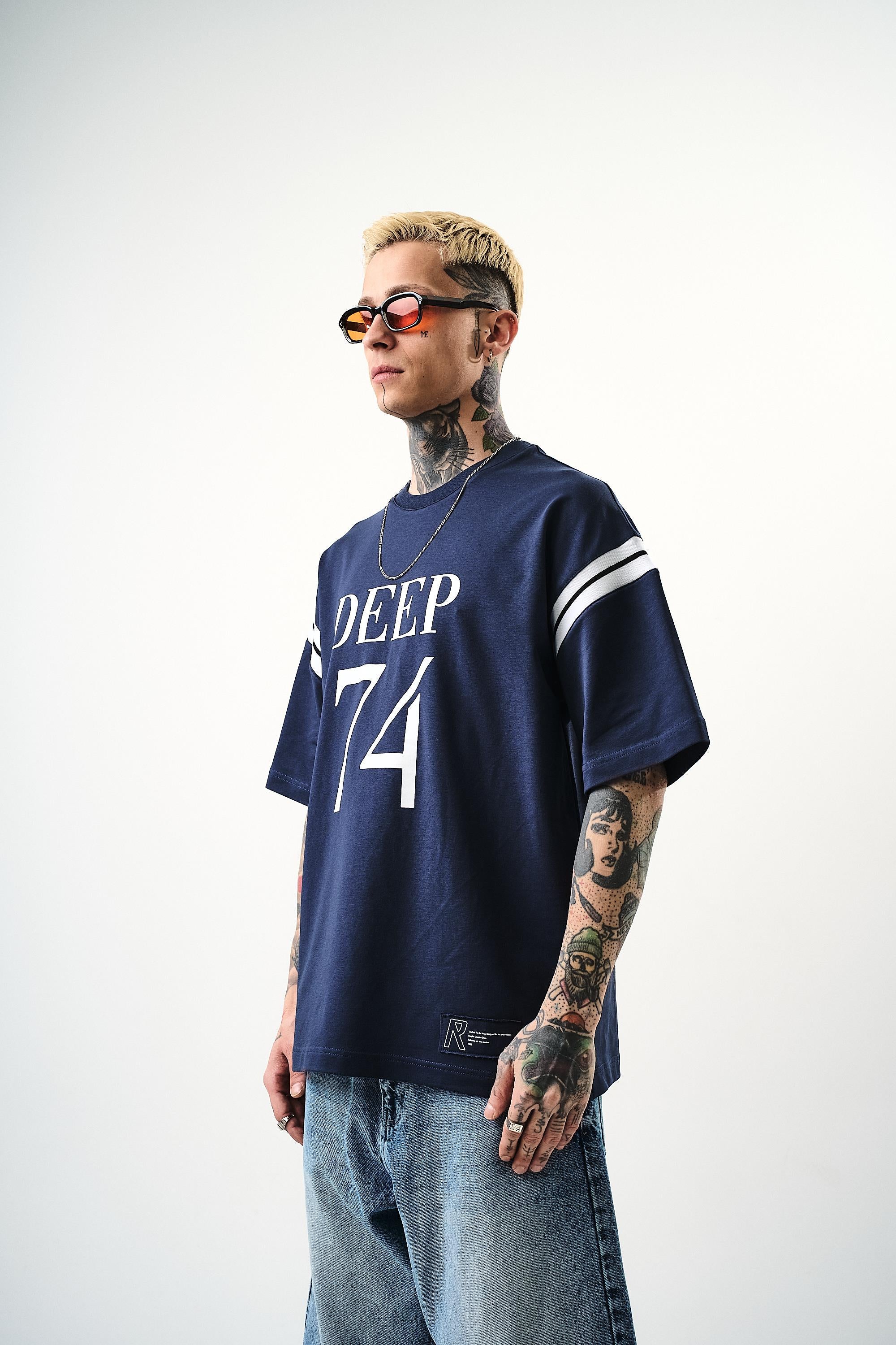 Erkek Deep 74 Baskılı Oversize T-Shirt İNdigo