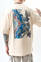 Erkek Destroy Baskılı Oversize T-Shirt Bej