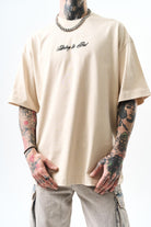 Erkek Destroy Baskılı Oversize T-Shirt Bej