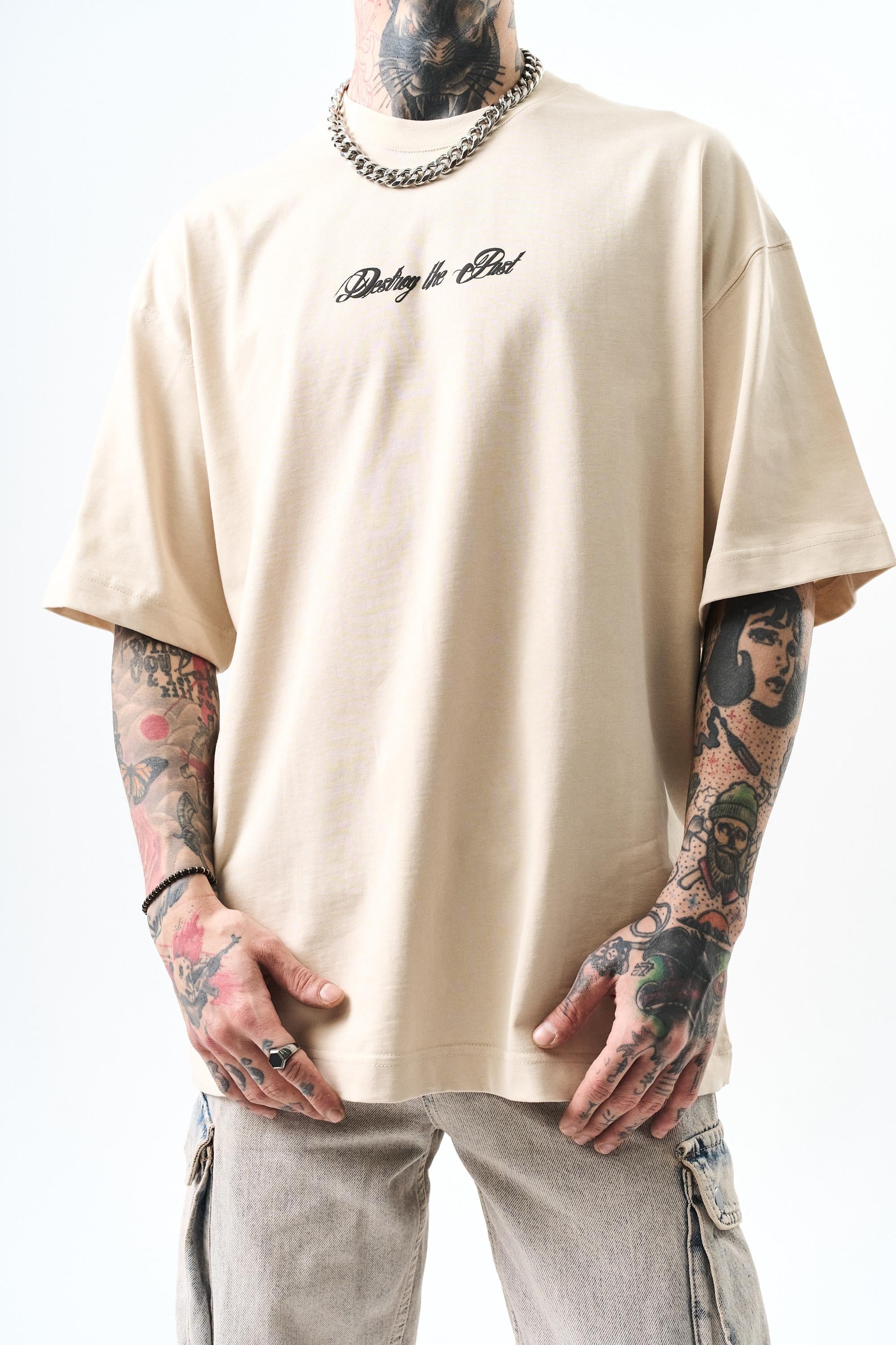 Erkek Destroy Baskılı Oversize T-Shirt Bej