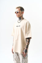 Erkek Destroy Baskılı Oversize T-Shirt Bej