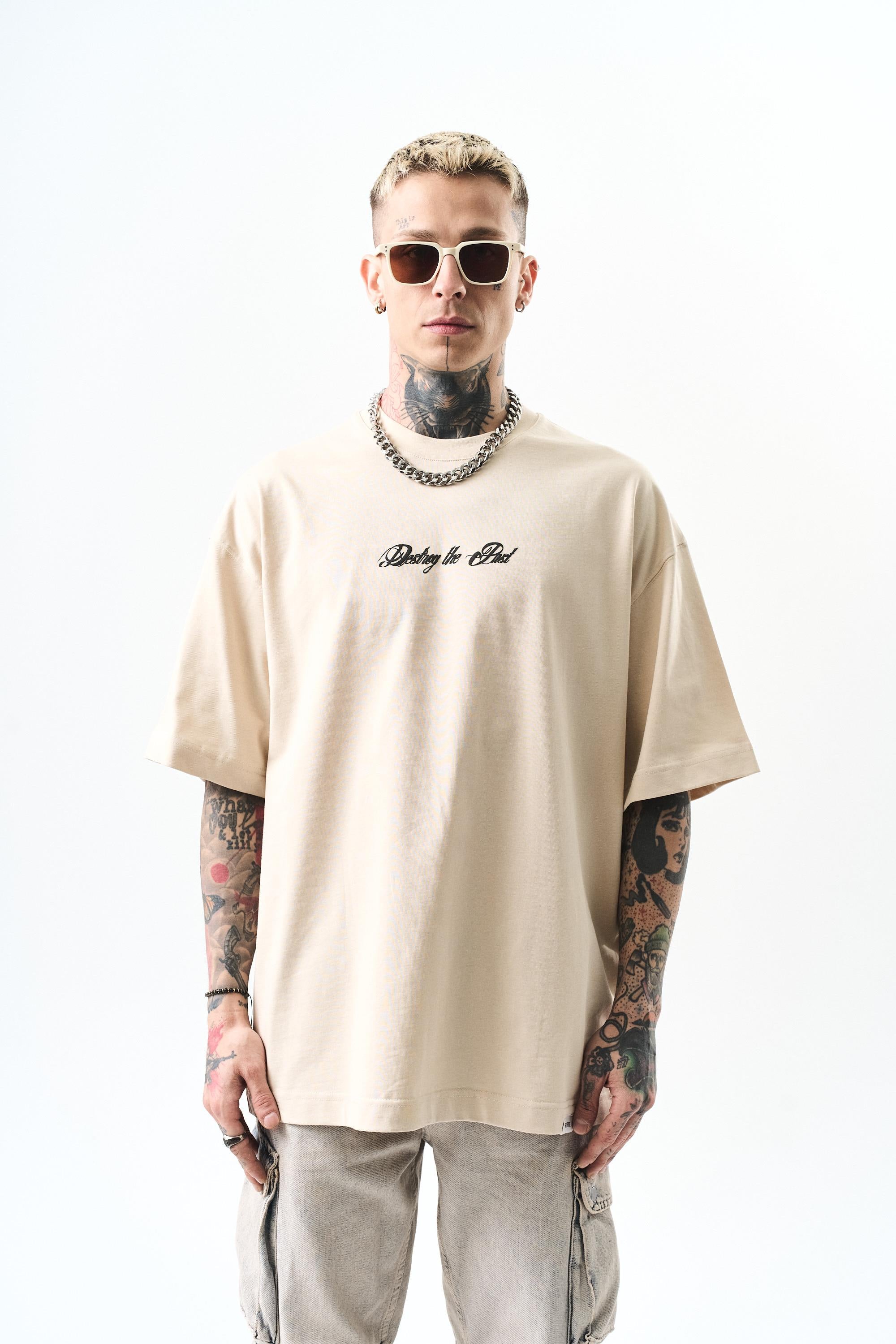 Erkek Destroy Baskılı Oversize T-Shirt Bej