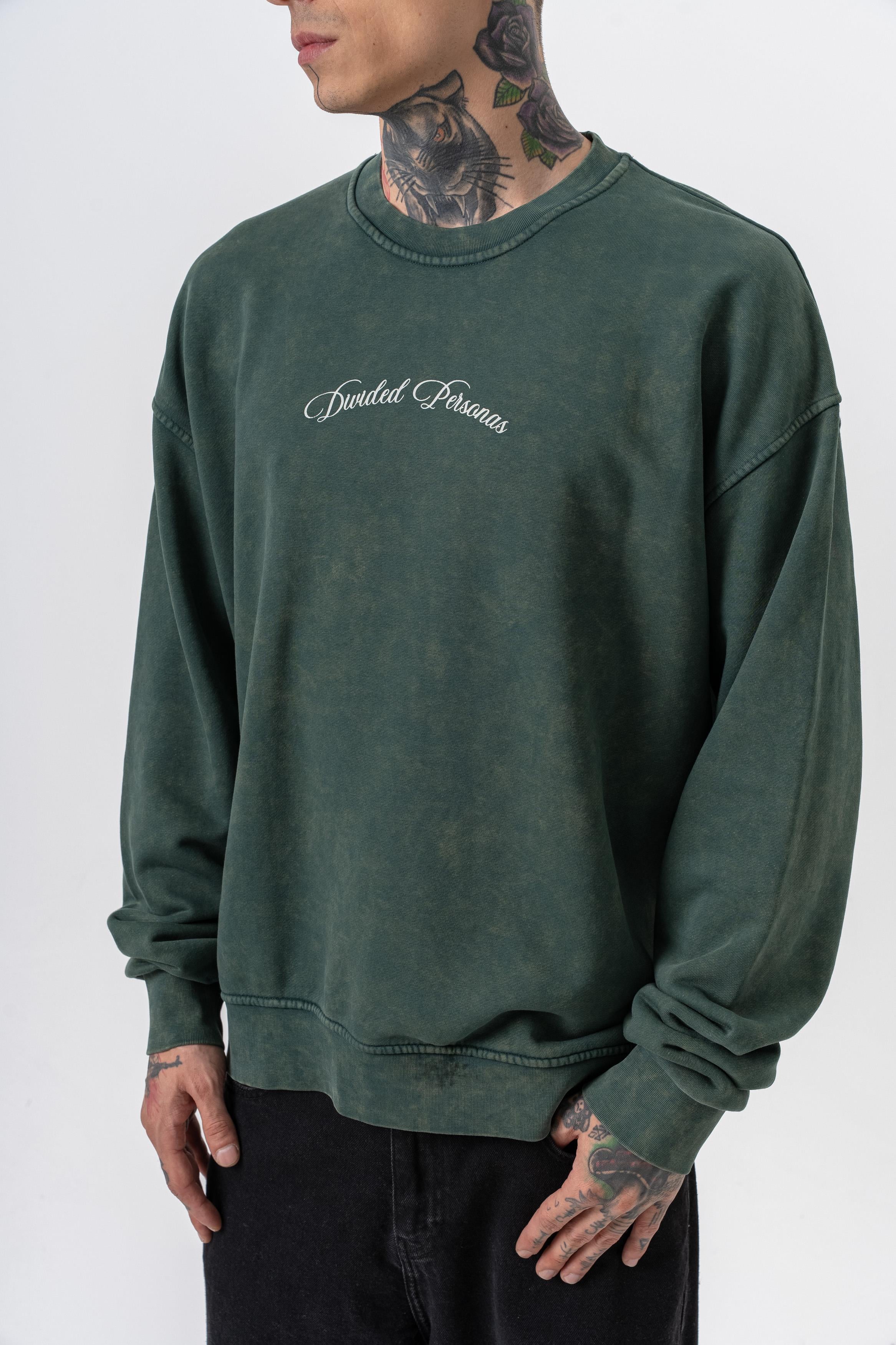 Erkek Divided Baskılı Yıkamalı Bisiklet Yaka Oversize Sweatshirt Yeşil