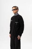 Erkek Düğme Detaylı Oversize Polar Sweatshirt Siyah