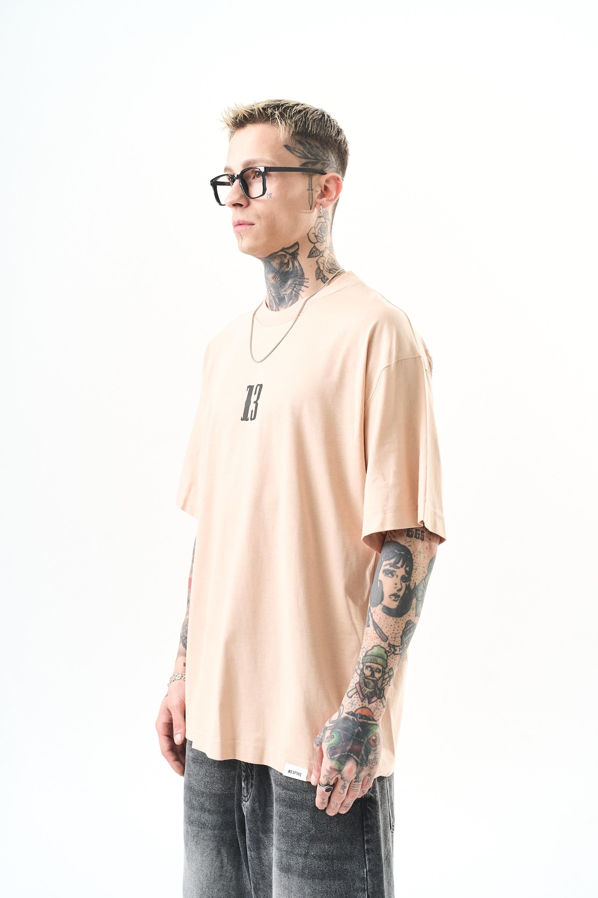 Erkek 13 Baskılı Oversize T-Shirt Bej