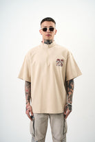 Erkek 22 Baskılı Yarım Fermuarlı Oversize T-Shirt Bej