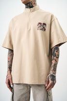 Erkek 22 Baskılı Yarım Fermuarlı Oversize T-Shirt Bej