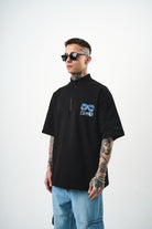 Erkek 22 Baskılı Yarım Fermuarlı Oversize T-Shirt Siyah