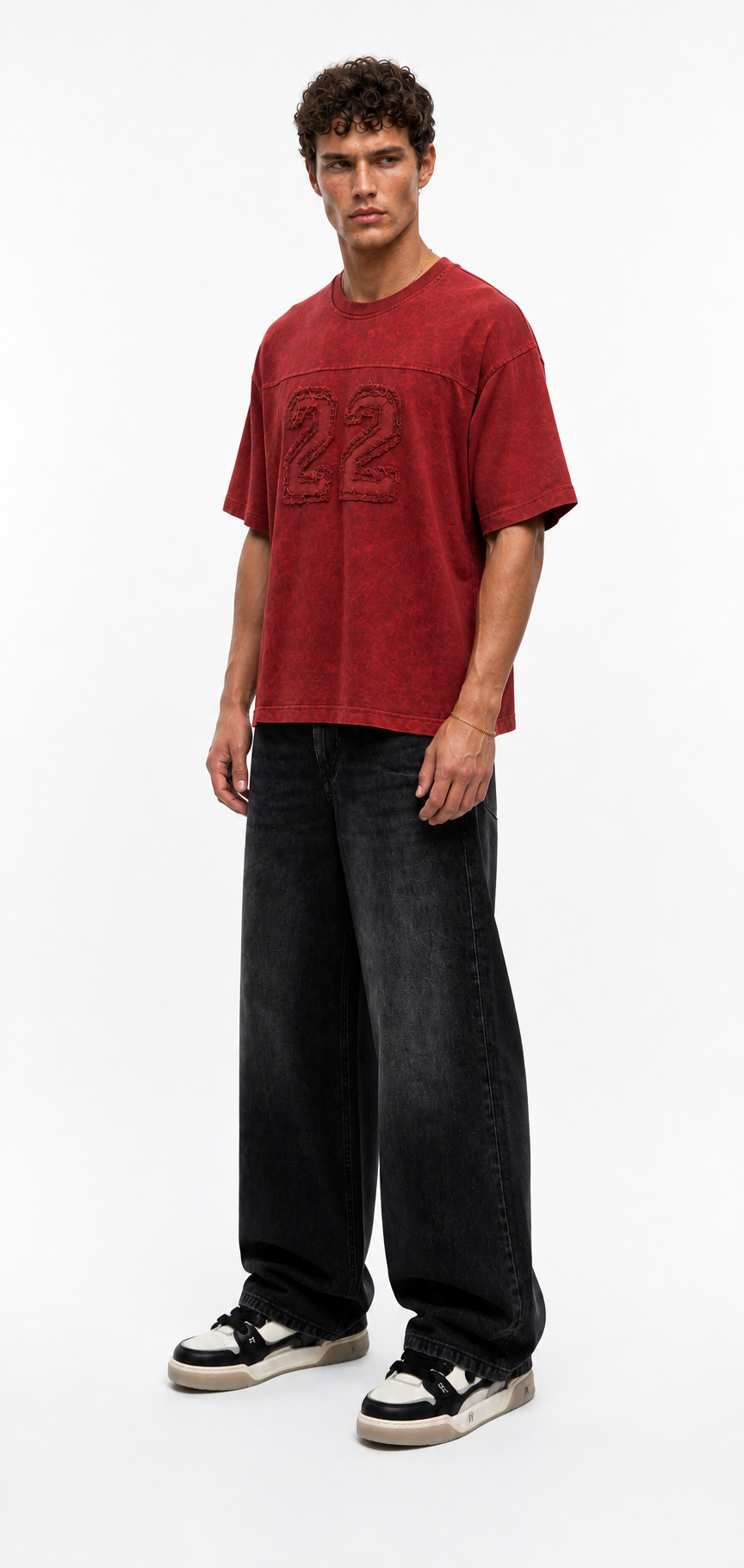 Erkek 22 Nakışlı Yıkamalı Oversize T-Shirt Bordo