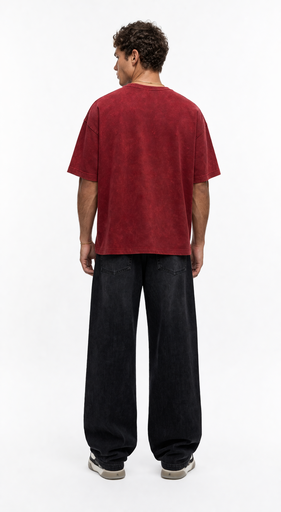 Erkek 22 Nakışlı Yıkamalı Oversize T-Shirt Bordo