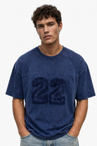 Erkek 22 Nakışlı Yıkamalı Oversize T-Shirt Lacivert
