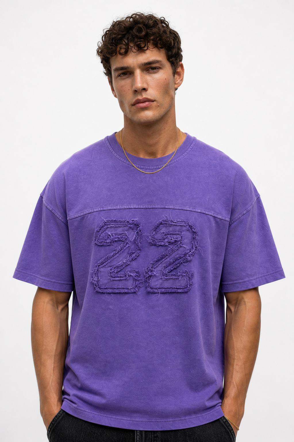 Erkek 22 Nakışlı Yıkamalı Oversize T-Shirt Mor