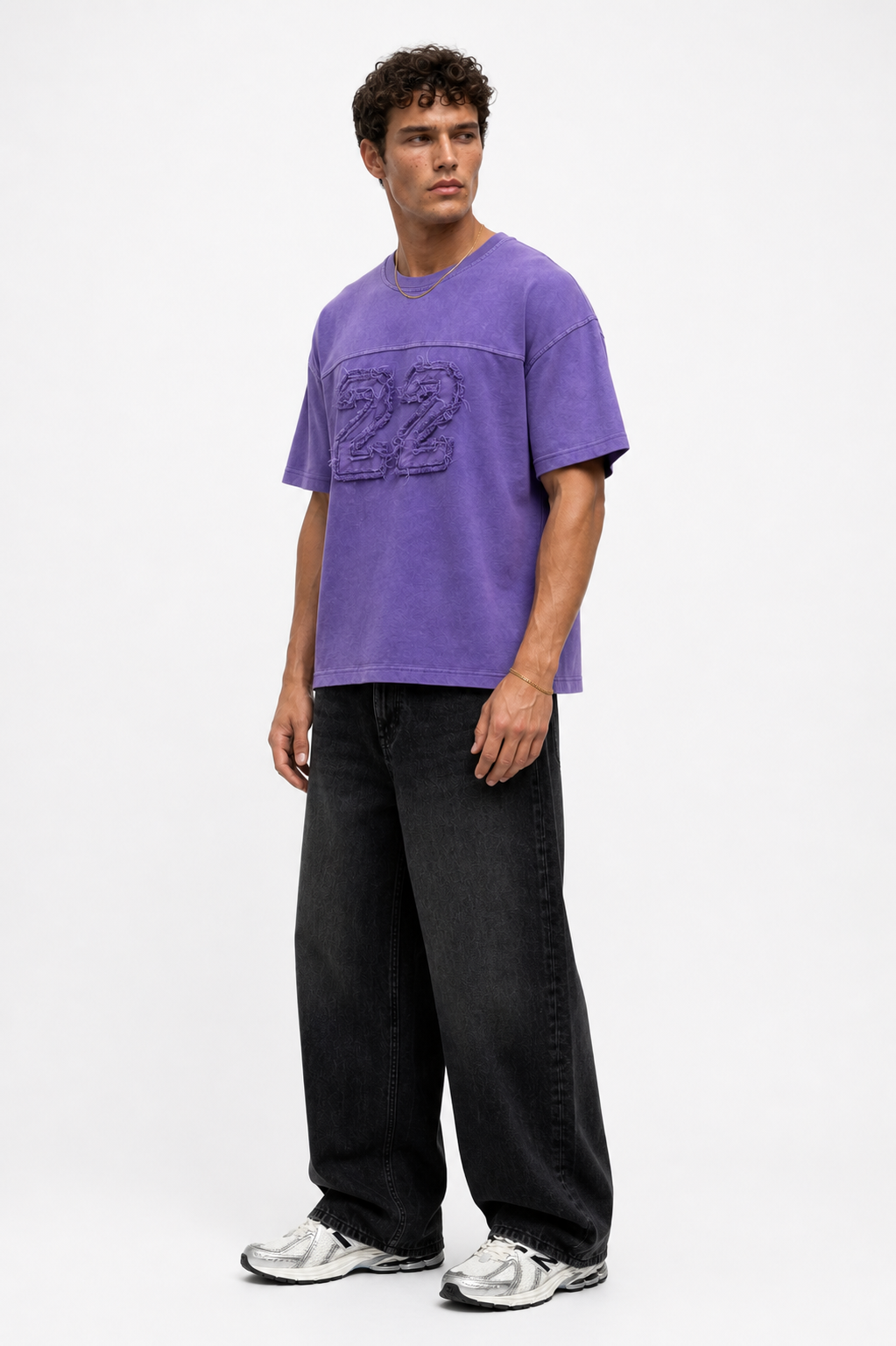 Erkek 22 Nakışlı Yıkamalı Oversize T-Shirt Mor