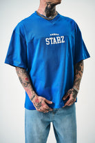 Erkek 22 Starz Baskılı Oversize T-Shirt Mavi