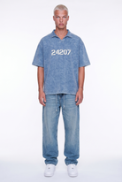 Erkek 24207 Baskılı Yıkamalı Oversize T-Shirt Mavi