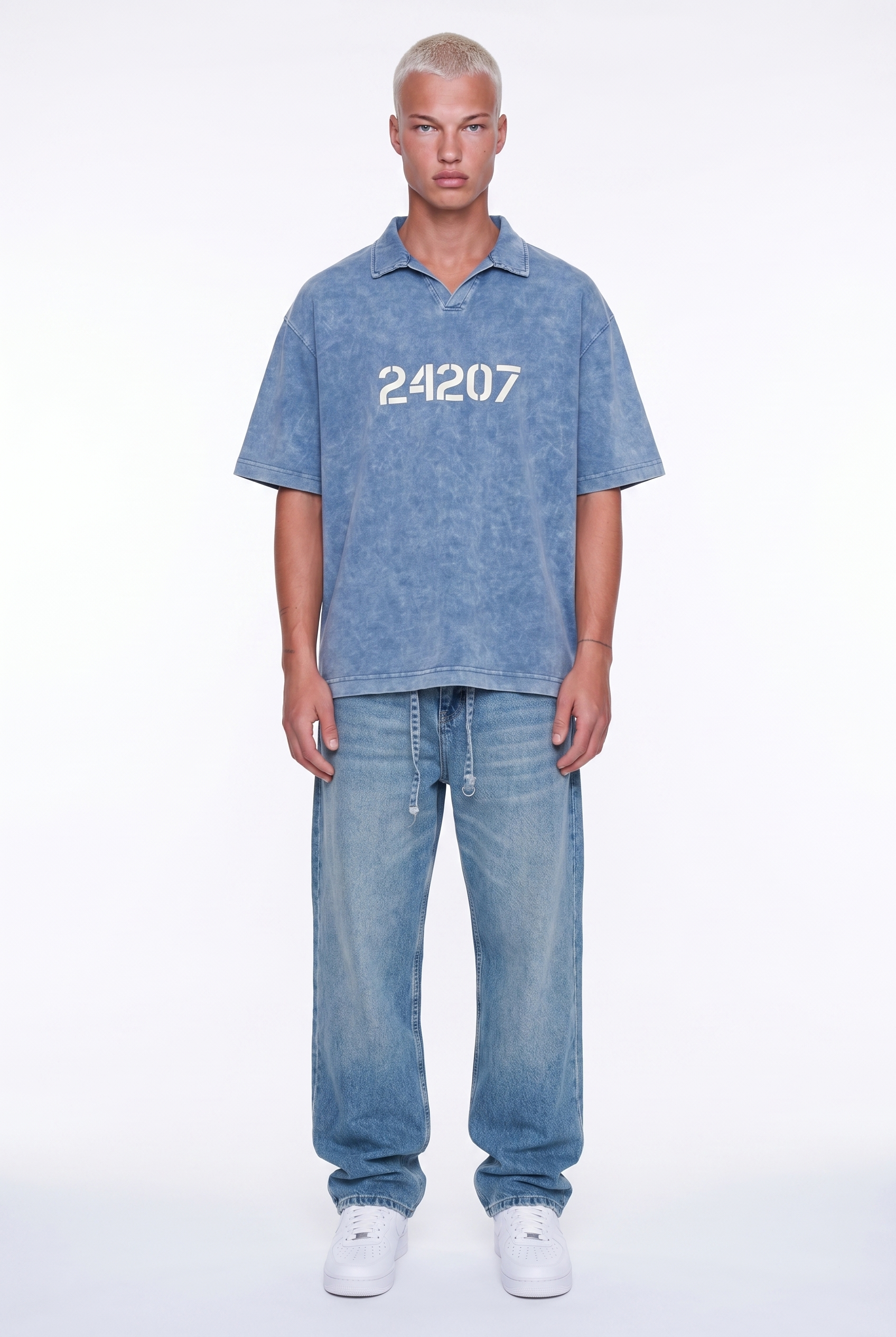 Erkek 24207 Baskılı Yıkamalı Oversize T-Shirt Mavi