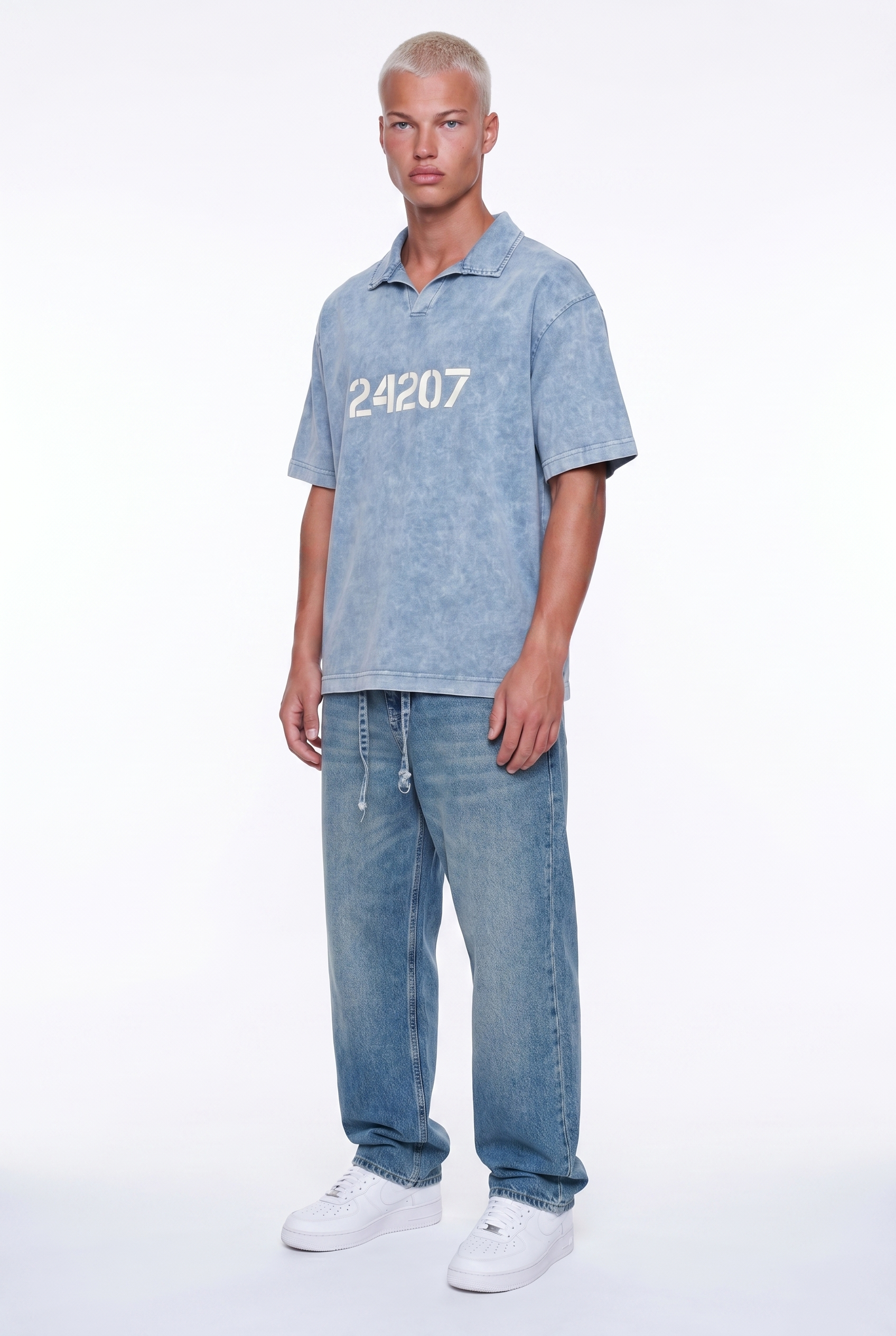 Erkek 24207 Baskılı Yıkamalı Oversize T-Shirt Mavi