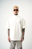 Erkek 3 Nakışlı Yarım Fermuarlı Oversize T-Shirt Ekru