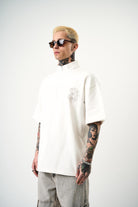 Erkek 3 Nakışlı Yarım Fermuarlı Oversize T-Shirt Ekru