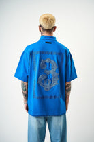 Erkek 3 Nakışlı Yarım Fermuarlı Oversize T-Shirt Mavi