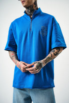 Erkek 3 Nakışlı Yarım Fermuarlı Oversize T-Shirt Mavi