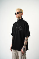 Erkek 3 Nakışlı Yarım Fermuarlı Oversize T-Shirt Siyah