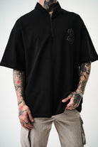 Erkek 3 Nakışlı Yarım Fermuarlı Oversize T-Shirt Siyah