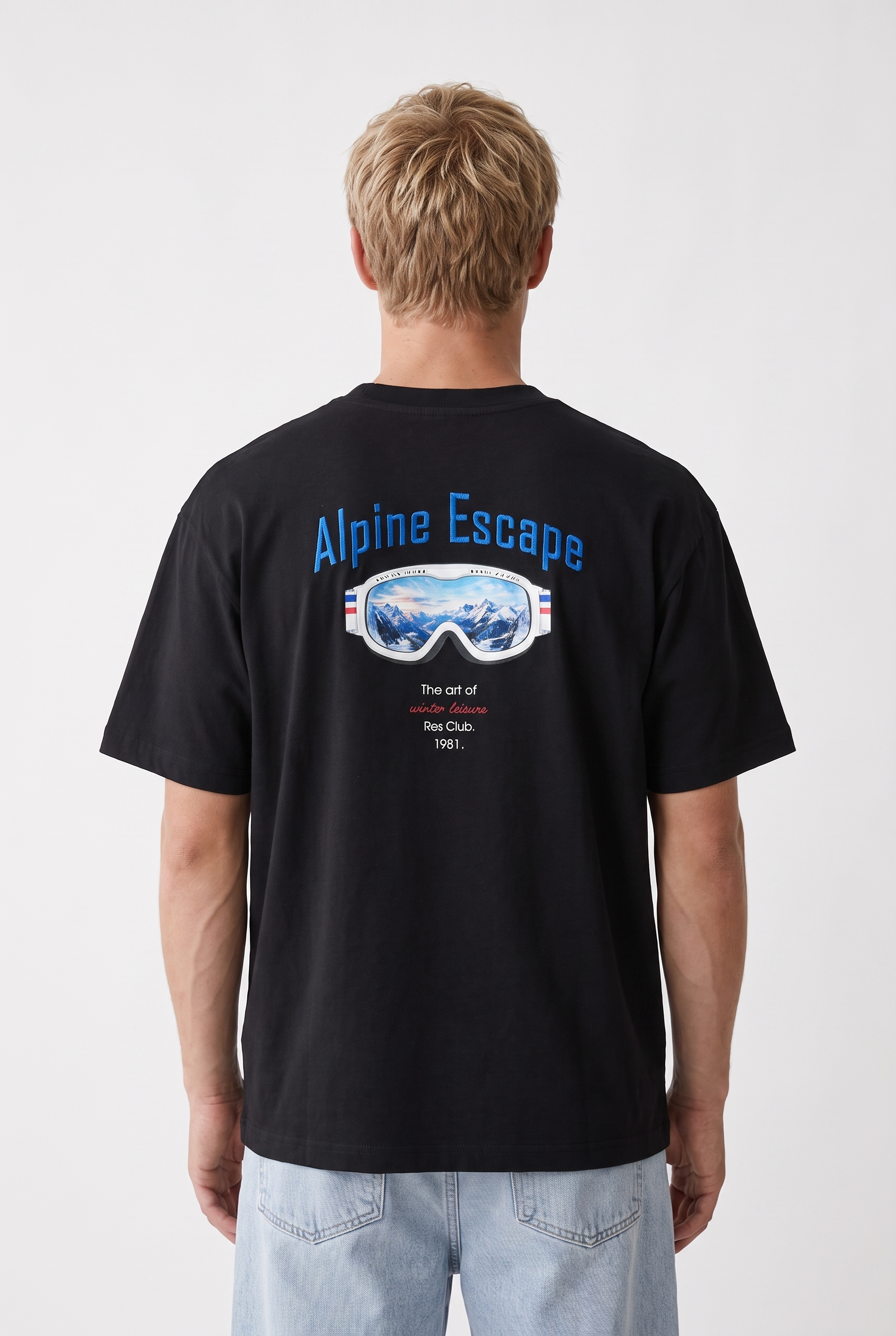 Erkek Alpine Nakışlı Oversize T-Shirt Siyah