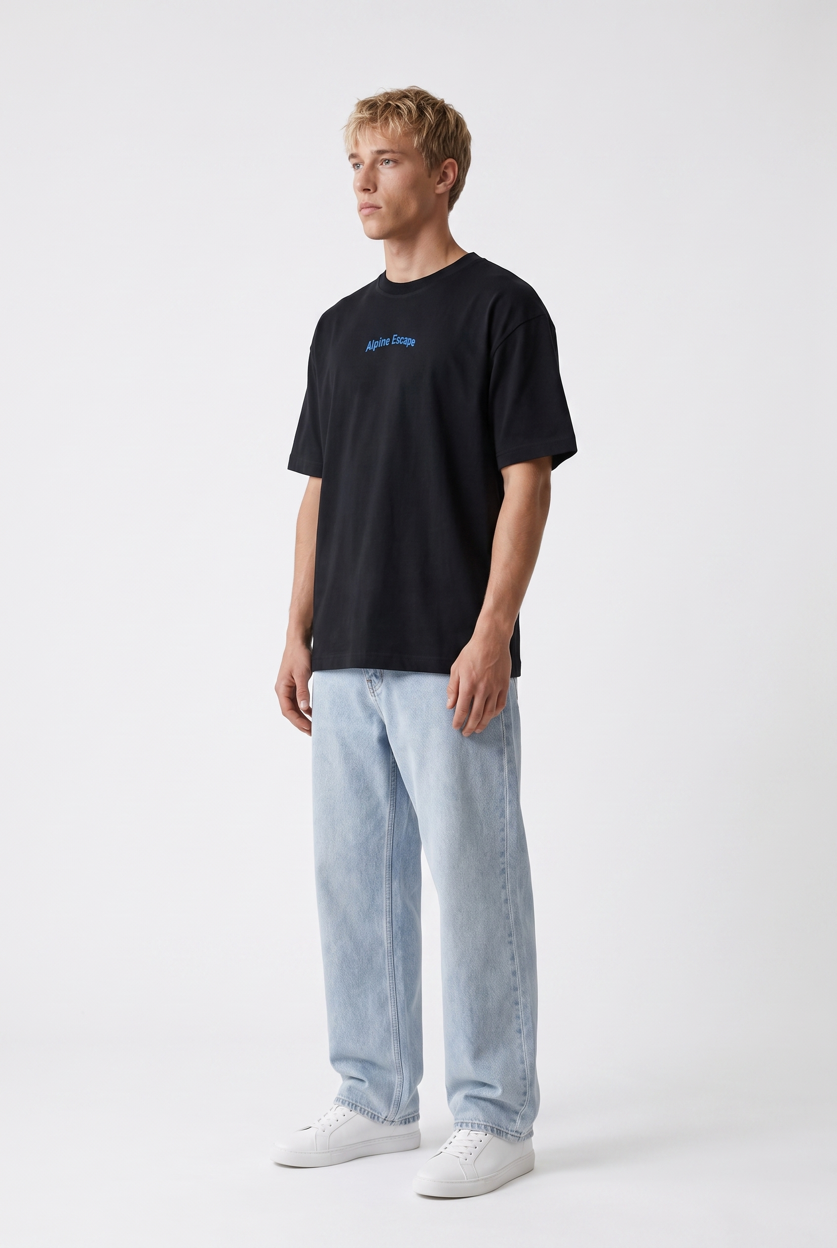 Erkek Alpine Nakışlı Oversize T-Shirt Siyah