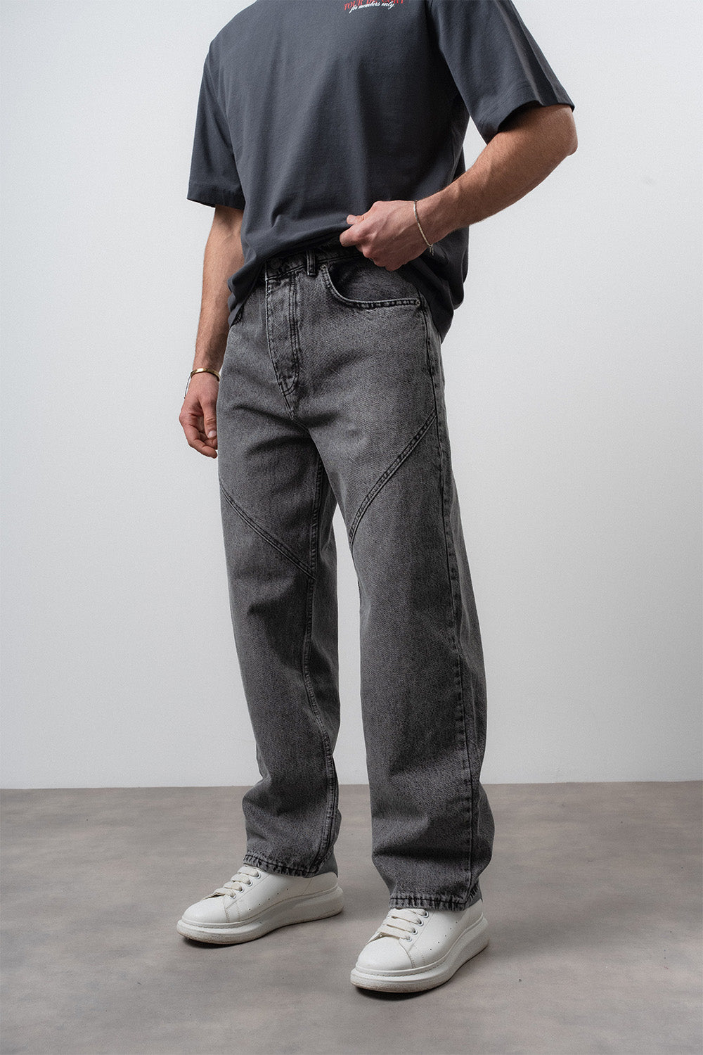 Respire-Erkek Asimetrik Dikiş Detaylı Baggy Jean Antrasit-Kot Pantolon-2-Milagron.com