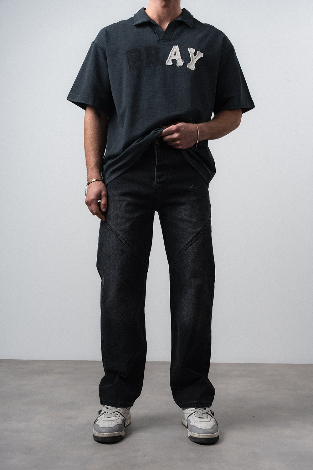 Respire-Erkek Asimetrik Dikiş Detaylı Baggy Jean Siyah-Kot Pantolon-1-Milagron.com