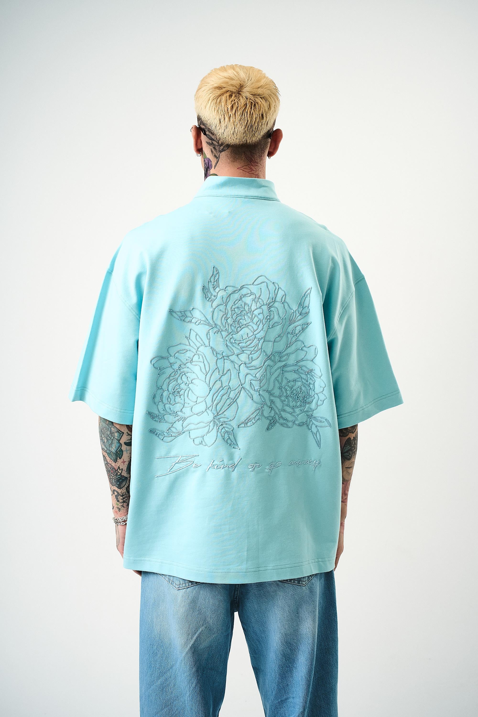 Erkek Be Kind Nakışlı Yarım Fermuarlı Oversize T-Shirt Bebe Mavi