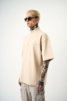 Erkek Be Kind Nakışlı Yarım Fermuarlı Oversize T-Shirt Bej
