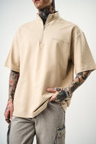 Erkek Be Kind Nakışlı Yarım Fermuarlı Oversize T-Shirt Bej