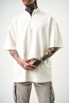 Erkek Be Kind Nakışlı Yarım Fermuarlı Oversize T-Shirt Ekru