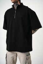 Erkek Be Kind Nakışlı Yarım Fermuarlı Oversize T-Shirt Siyah