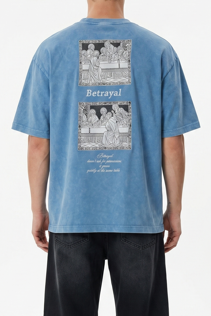 Erkek Betrayal Baskılı Yıkamalı Oversize T-Shirt Bebe Mavi
