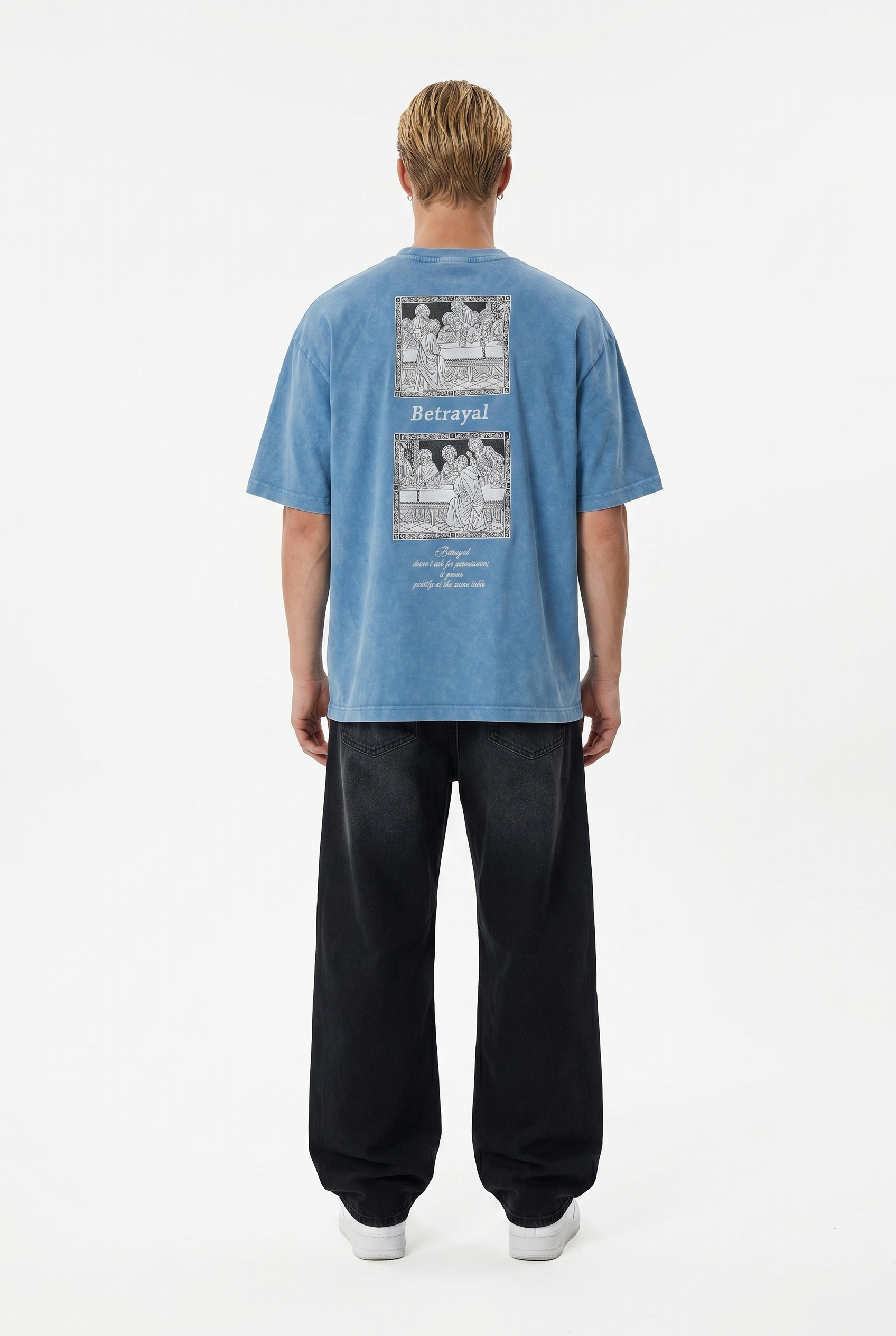 Erkek Betrayal Baskılı Yıkamalı Oversize T-Shirt Bebe Mavi