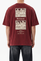 Erkek Betrayal Baskılı Yıkamalı Oversize T-Shirt Bordo