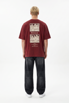 Erkek Betrayal Baskılı Yıkamalı Oversize T-Shirt Bordo