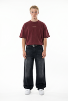 Erkek Betrayal Baskılı Yıkamalı Oversize T-Shirt Bordo